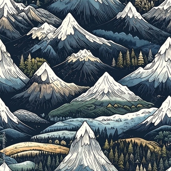 Fototapeta Repeating pattern of stylized snow-capped peaks and coniferous forests