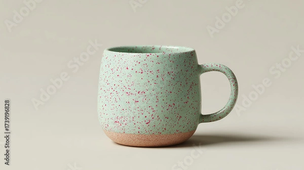 Obraz A stylish mint green ceramic mug with pink speckles, displayed as a clean and modern mockup on a neutral background