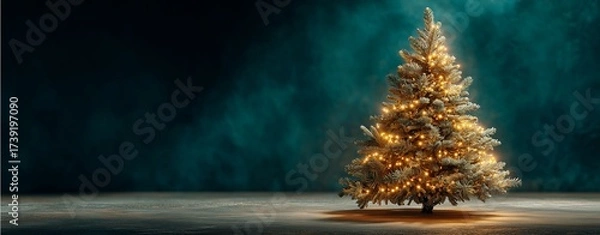 Fototapeta Minimal Christmas tree background  with single undecorated tree wrapped in glowing golden fairy lights, standing alone in corner against smooth ultra dark green black wall with copy space artwork
