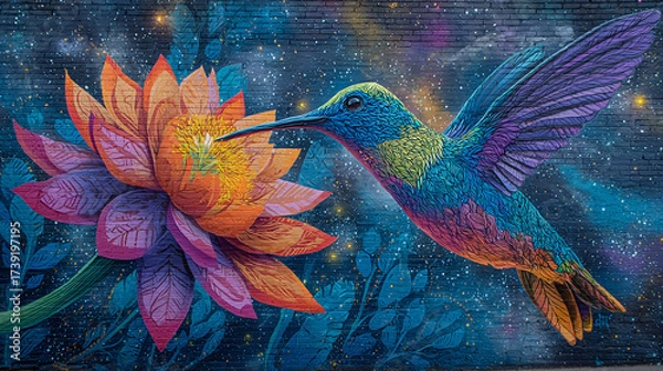 Obraz A vibrant mural featuring a giant hummingbird hovering near a cosmic galaxy-inspired flower, detailed and colorful street art style