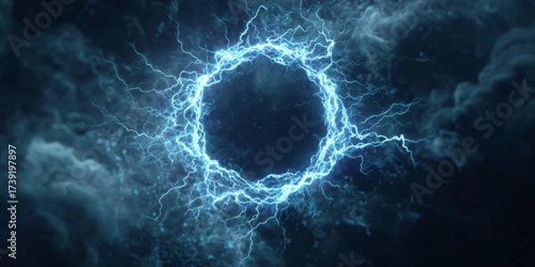 Obraz Electric energy circle with glowing lightning sparks on dark stormy background abstract futuristic design - AI generated
