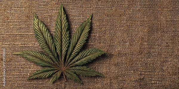 Obraz Cannabis leaf closeup on jute fabric background natural eco organic composition - AI generated