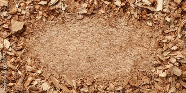 Obraz Rectangular frame of wood chips and sawdust forming natural background - AI generated
