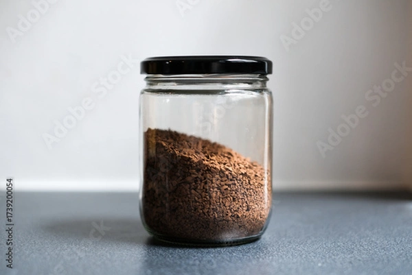 Fototapeta Instant coffee in jar with black lid.