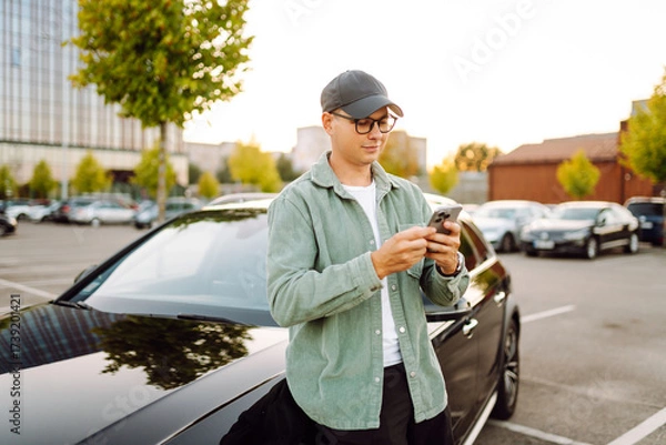 Obraz A young man wearing glasses and holding a phone stands next to a car in a parking lot. The man enjoys the sunny day with his phone next to a dark car. Conceptual image: transportation, leisure.