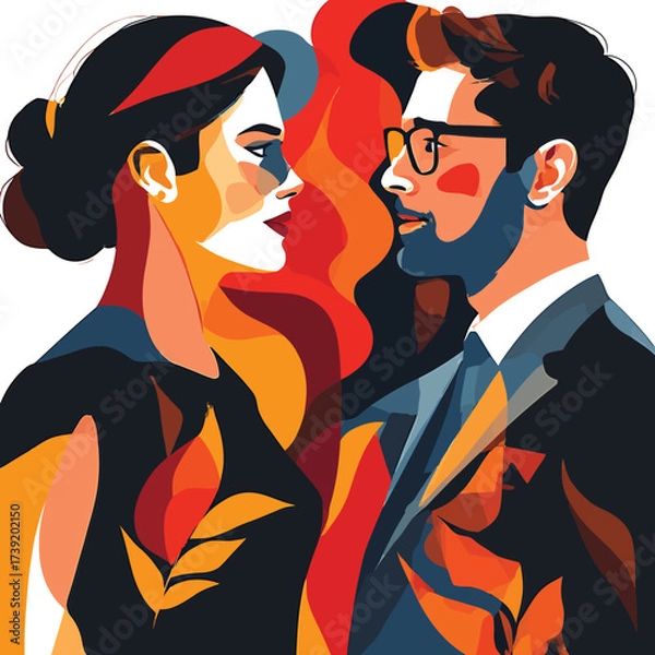 Fototapeta Vibrant abstract portrait of a man and woman looking at each other with colorful geometric shapes