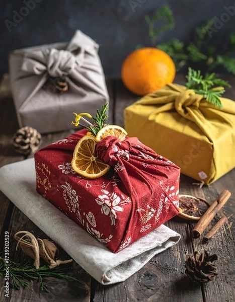 Obraz Wrapped gifts on a rustic wooden surface