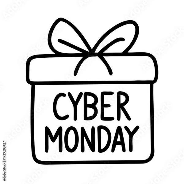 Fototapeta Gift box decorated with bow and text Cyber Monday in minimalist style  