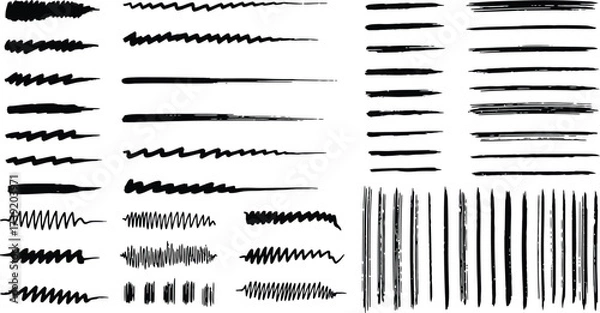 Fototapeta Collection of black ink brush strokes and lines for artistic design elements, perfect for adding a handmade touch to projects.