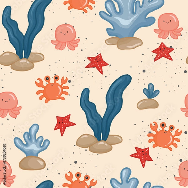 Fototapeta kawaii sea animals character set in a pattern