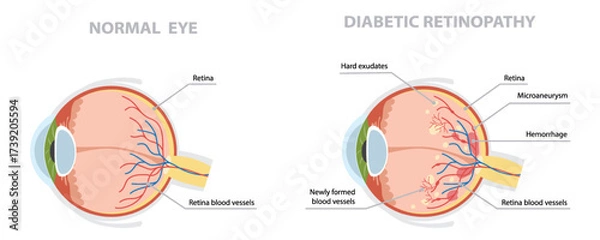Fototapeta Normal eye and one affected by diabetic retinopathy. Medical science educational flat vector illustration.