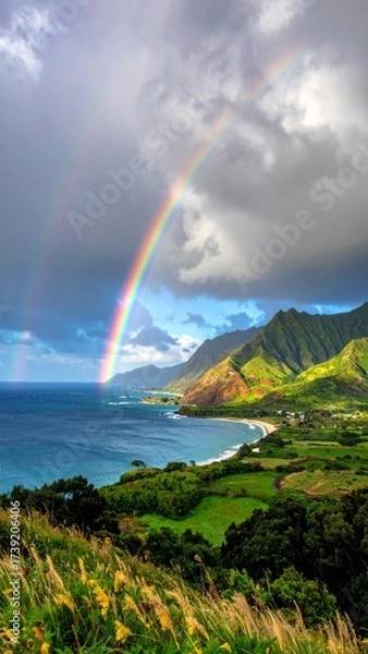 Fototapeta Nature's beautiful spectrum as a rainbow arches over the ocean with a light reflection on the water beneath the clouds