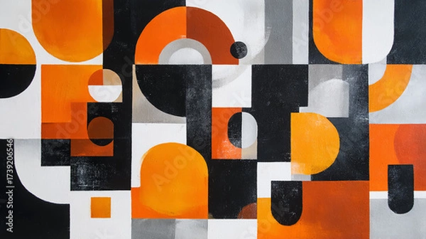 Obraz Abstract geometric painting in black, white, and vibrant orange, modern art style, bold shapes and clean lines, high contrast composition, minimalistic design