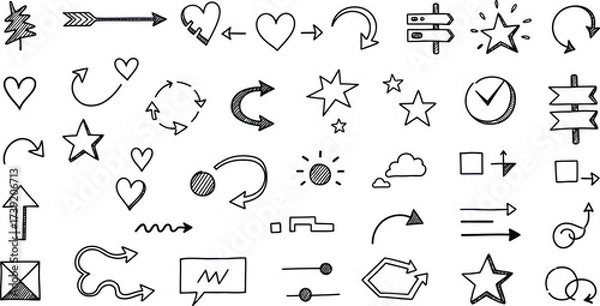 Fototapeta Collection of hand drawn doodle elements featuring arrows, hearts, stars, and other symbols in a simple, sketch style design.