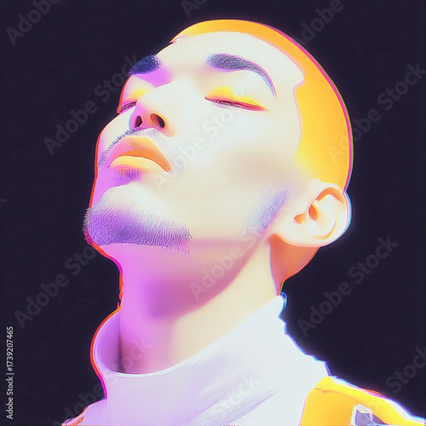 Fototapeta A digitally crafted portrait with neon lights highlights the essence of modern identity and individualistic expression in bold colors.