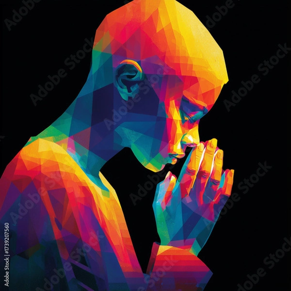 Fototapeta A colorful geometric representation of a contemplative figure expresses deep thoughts and emotions through vibrant hues and shapes.