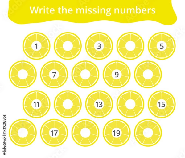 Fototapeta Missing number worksheet for kids with lemons, count and write numbers from 1 to 20, great for preschool math learning and early number practice.