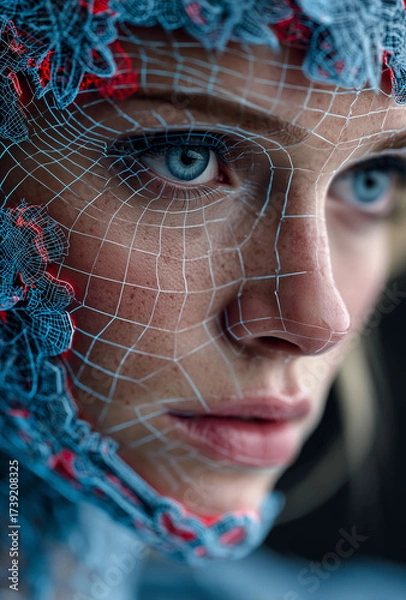 Fototapeta A close-up of a woman’s face with an intricate net design, merging human beauty with artistic detail in a striking visual expression.