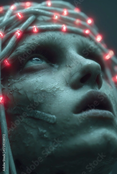 Fototapeta An ethereal figure with neon lights and a serene expression exemplifying the fusion of technology and humanity.