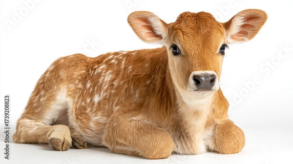 Obraz Adorable light brown calf lying peacefully on a clean white background, high resolution, soft natural lighting, sharp details, studio-style animal portrait