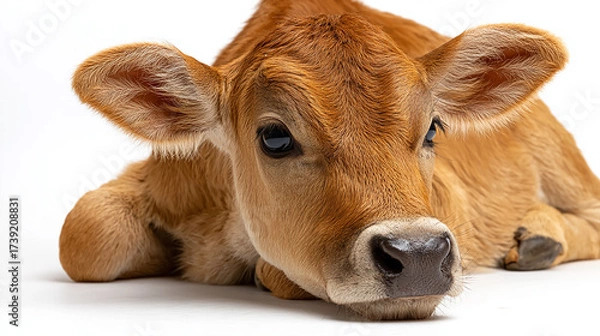 Obraz Adorable light brown calf lying peacefully on a clean white background, high resolution, soft natural lighting, sharp details, studio-style animal portrait