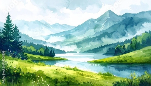 Fototapeta Summer countryside landscape with river, green grass, trees and blue sky watercolor illustration