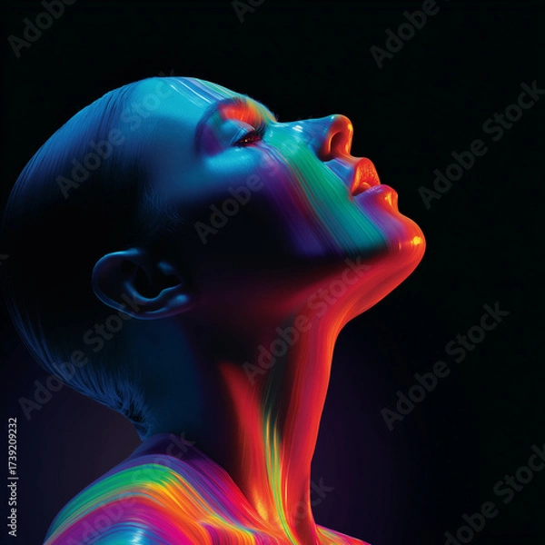 Fototapeta An artistic portrayal of a woman bathed in vibrant hues, representing emotional depth and creative expression.