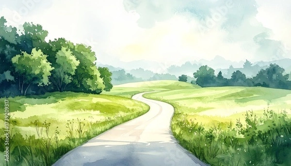 Fototapeta Rural landscape in summer, green grass, trees and blue sky, watercolor illustration