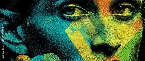 Fototapeta A vibrant and graphic representation of a woman's beauty, highlighted by halftone patterns and bold hues for visual impact.