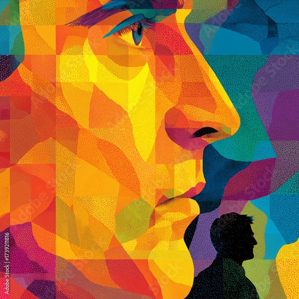 Fototapeta An eye-catching abstract portrait with vivid colors showcasing human emotions and identity through geometric designs and shapes.