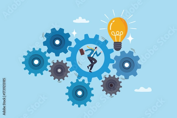 Fototapeta Improve efficiency or productivity, progress or process improvement, solution or strategy to solve problem, performance to upgrade workflow, businessman run on cogwheels to improve efficiency system.