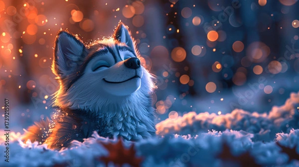 Fototapeta Joy dog on background of snow-covered fairy tale winter forest. There is fluffy snow all around. Atmosphere of winter holidays magic. Christmas greeting card. Copy space.