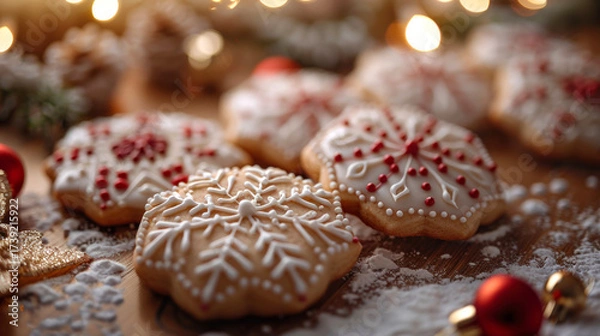 Fototapeta Handmade Christmas cookies, gingerbread cookies on  blurred background of festively decorated Christmas tree lights. Close-up.