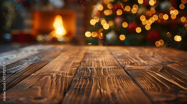Fototapeta Old wooden table on blurry background of Christmas tree and fireplace. Festive New Year postcard. Copy space.