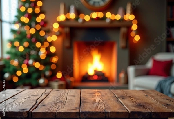 Fototapeta Old wooden table on blurry background of Christmas tree and fireplace. Festive New Year postcard. Copy space.