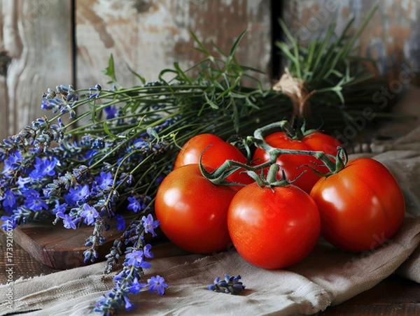 Fototapeta Still life with tomatoes. Ripe red tomatoes on wooden table. There is bouquet with lavender and cornflowers nearby. Autumn, harvest. Copy space for text.