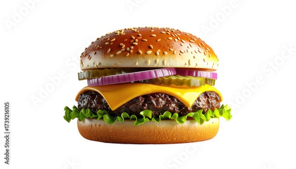 Fototapeta Freshly prepared burger with sesame seed bun featuring juicy beef patty, melted cheese, crisp lettuce, vibrant red onion, and pickles against a solid black background, offering a mouthwatering appeal.