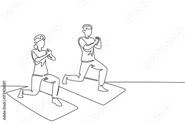 Obraz Single continuous line drawing a pair of grandparents are doing fitness on fitness mate. The excitement of sports together. National Senior Health and Fitness Day. One line design vector illustration