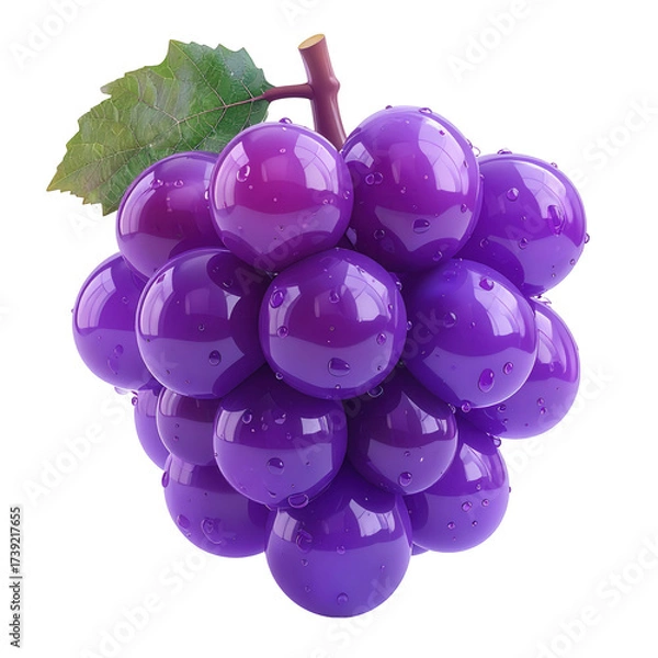 Fototapeta A cluster of shiny, purple grapes, rendered with a glossy effect, featuring water droplets on the surface, is isolated against a stark black background, suggesting freshness and a healthy eating.