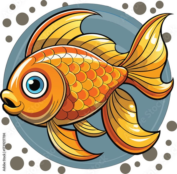 Obraz Colorful Cartoon Goldfish Swimming with Dynamic Movement Detailed Digital Artwork with Golden Hues and Crisp Fins for Creative Projects