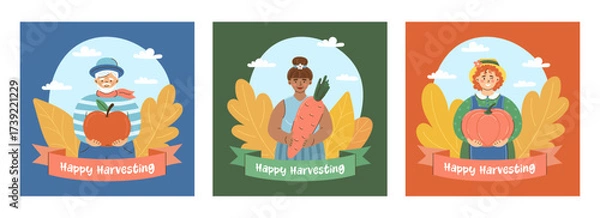 Fototapeta A collection of three cute farmers with large vegetables. An elderly man and two young women. Autumn and harvest concept. Frame with autumn leaves and the inscription Happy Harvest. Flat style vector