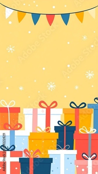 Obraz Stacked colorful gift boxes, a banner, and falling snowflakes against yellow