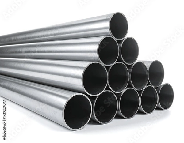 Obraz Stacked cylindrical metallic tubes, illustrating construction or engineering concepts