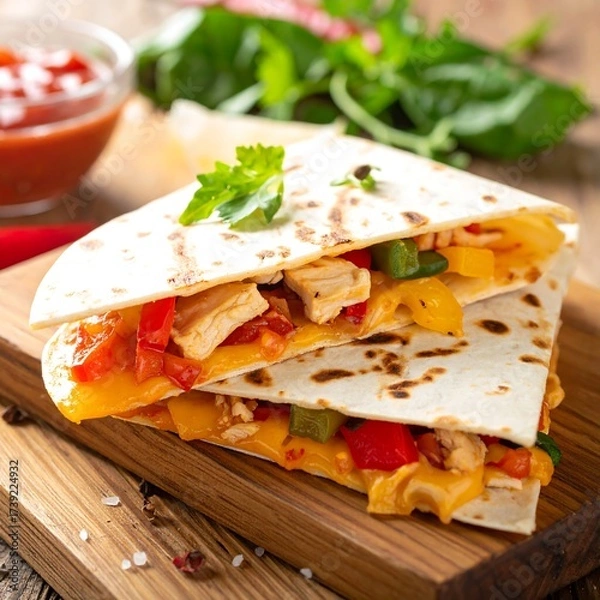 Obraz Stacked, delicious quesadillas with colorful peppers on wooden surface