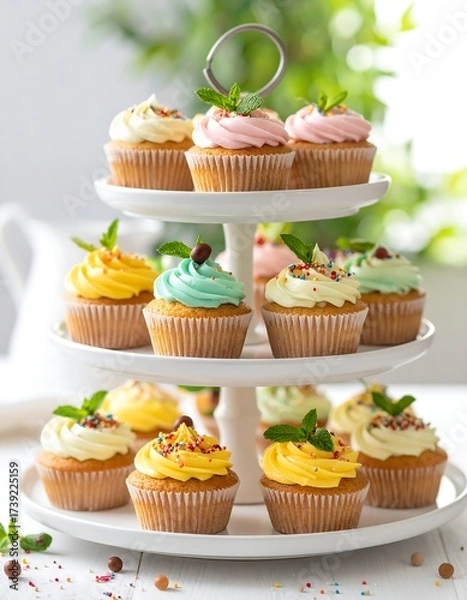 Obraz Stacked dessert display featuring colorful frosted treats, adorned with sprigs