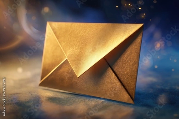 Fototapeta Golden Envelope with Mystical Aura: A luminous, golden envelope rests on a textured surface, surrounded by a soft, ethereal glow, conveying a sense of anticipation and mystery. 