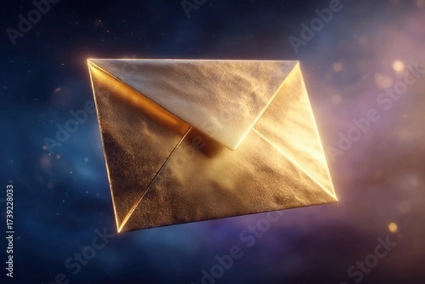 Fototapeta Golden Envelope in Cosmos: A single golden envelope, radiating light against a backdrop of celestial wonder, conveys a message of mystery.