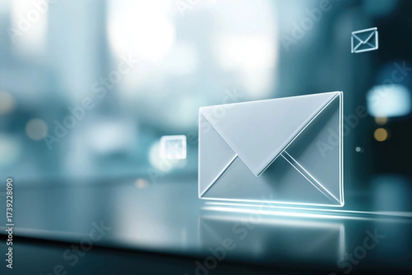 Fototapeta Digital Envelope: An elegant digital rendering of a glowing envelope floats against a futuristic tech backdrop, symbolizing communication and data transfer in a modern age.