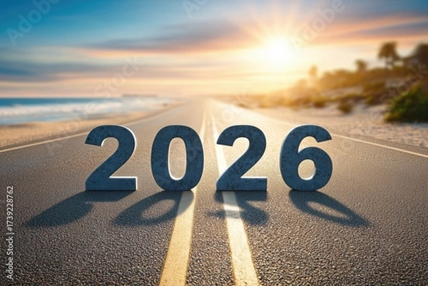 Fototapeta Road to 2026: The open road stretches towards the horizon with a numerical representation of the year 2026, signifying a journey of time, hope, and new beginnings under a picturesque sky. 