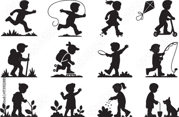 Fototapeta Silhouetted children enjoying various outdoor activities in a playful collection of fun and recreation